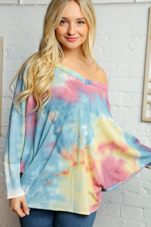 V Neck Multi Color Thermal Dolman Knit Top