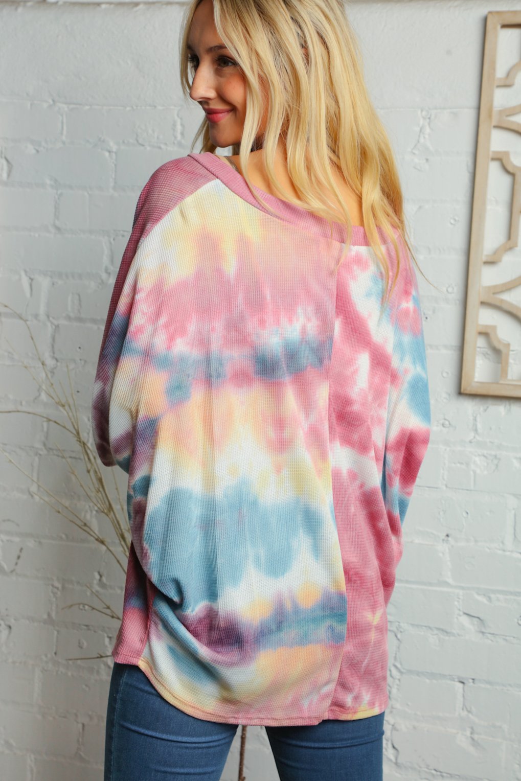 V Neck Multi Color Thermal Dolman Knit Top
