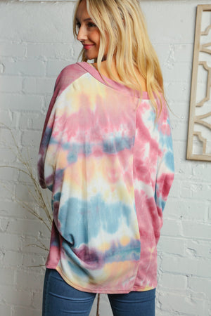 V Neck Multi Color Thermal Dolman Knit Top