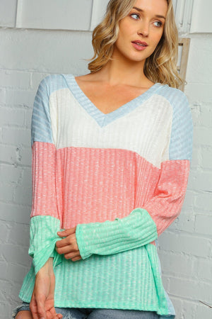 V Neck Brushed Hacci Color Block Ribbed Top