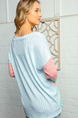 V Neck Brushed Hacci Color Block Ribbed Top