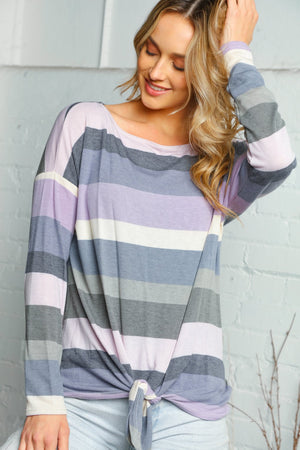 PLUM AND GREY STRIPE LONG SLEEVE KNOTTED TOP