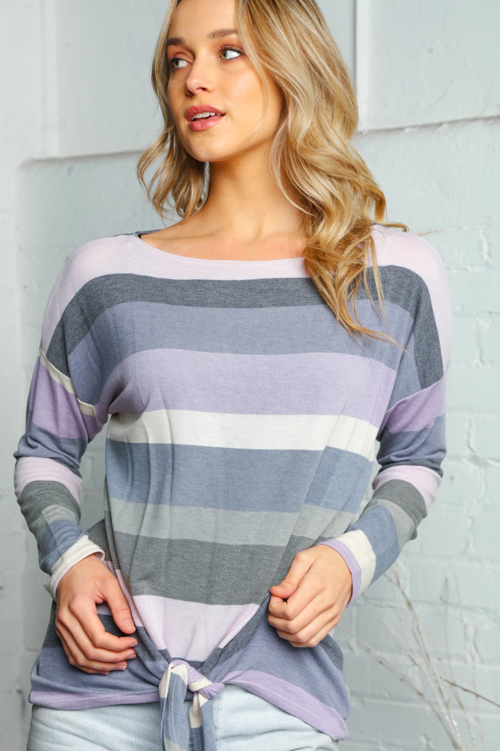 PLUM AND GREY STRIPE LONG SLEEVE KNOTTED TOP