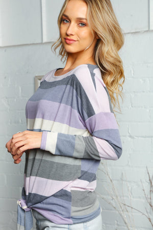 PLUM AND GREY STRIPE LONG SLEEVE KNOTTED TOP