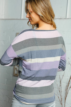 PLUM AND GREY STRIPE LONG SLEEVE KNOTTED TOP