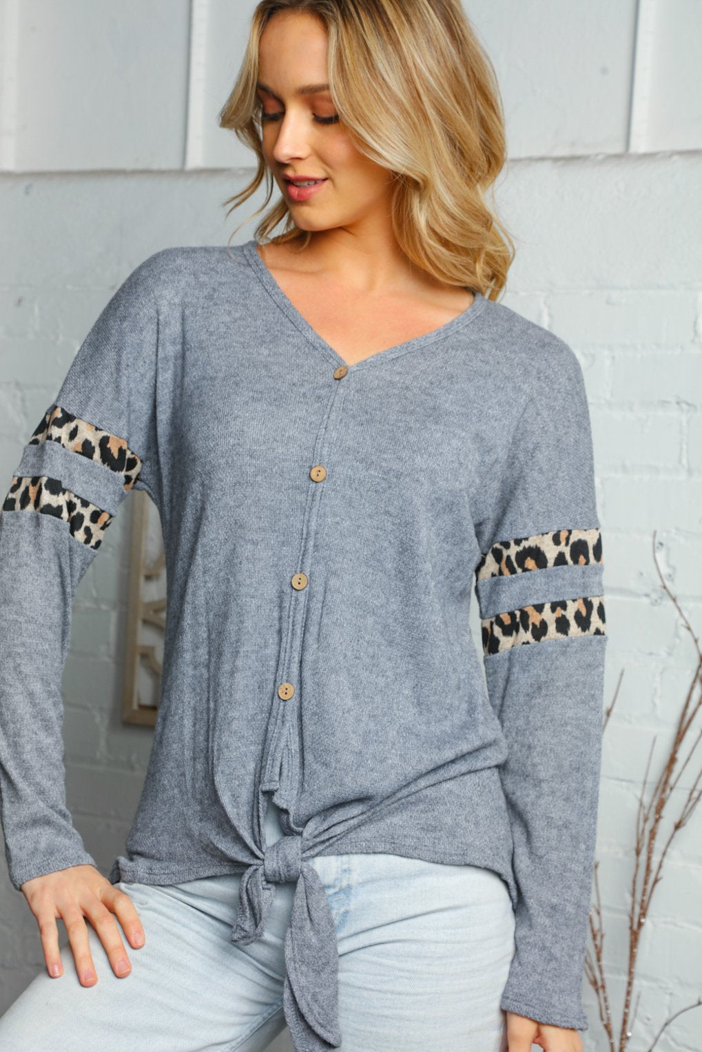 Blue and Leopard Print Button Down Knotted Top
