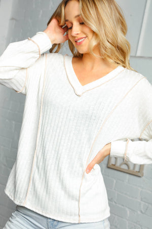 RIB V NECK OUT-SEAM CREAM LONG SLEEVE TOP