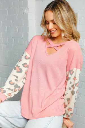 BLUSH ANIMAL PRINT CRISS CROSS WAFFLE SWEATER TOP