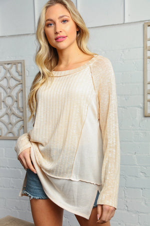 Beige Two Tone Ribbed Out Seam Stitch Top