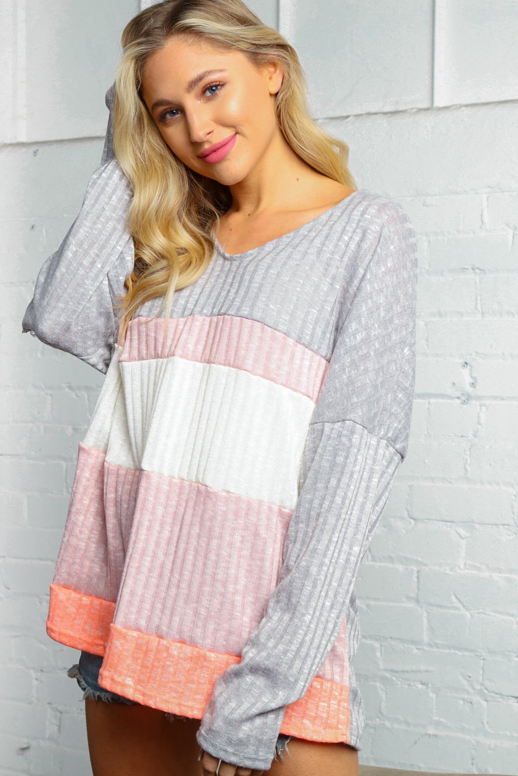Grey Pink V Neck Hacci Color Block Ribbed Top