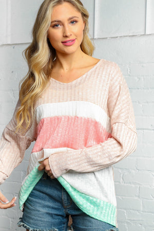 Beige Pink V Neck Hacci Color Block Ribbed Top