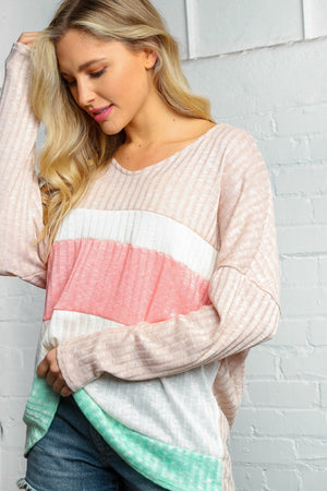 Beige Pink V Neck Hacci Color Block Ribbed Top