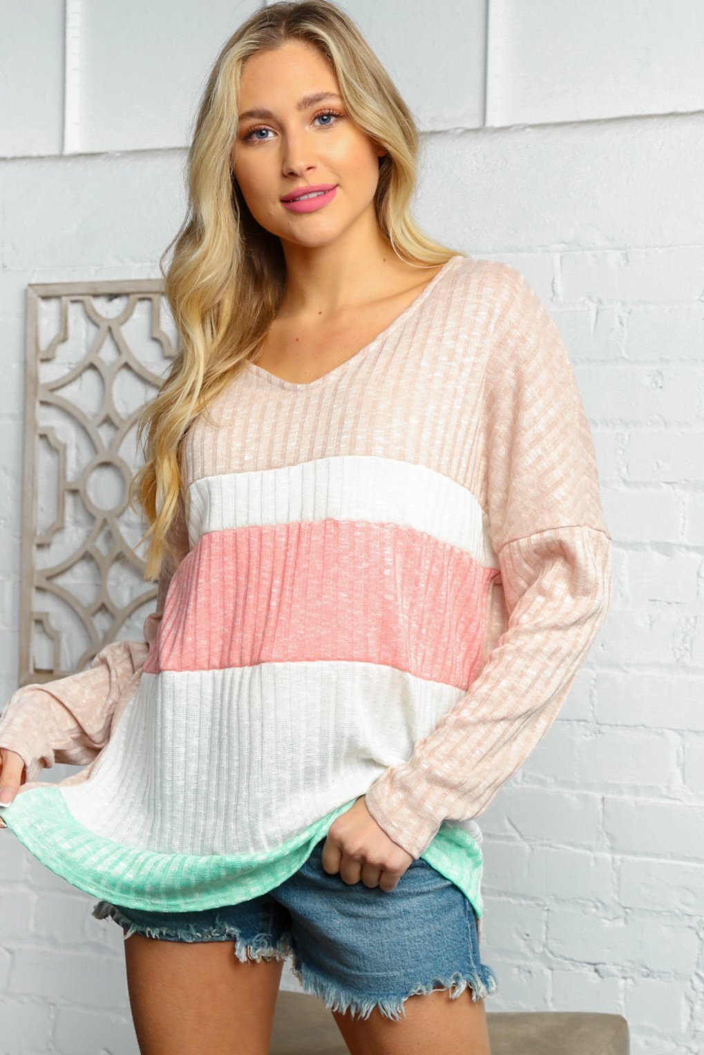 Beige Pink V Neck Hacci Color Block Ribbed Top