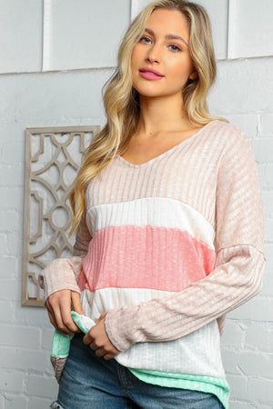 Beige Pink V Neck Hacci Color Block Ribbed Top