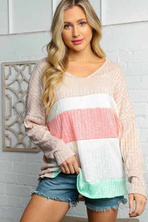 Beige Pink V Neck Hacci Color Block Ribbed Top