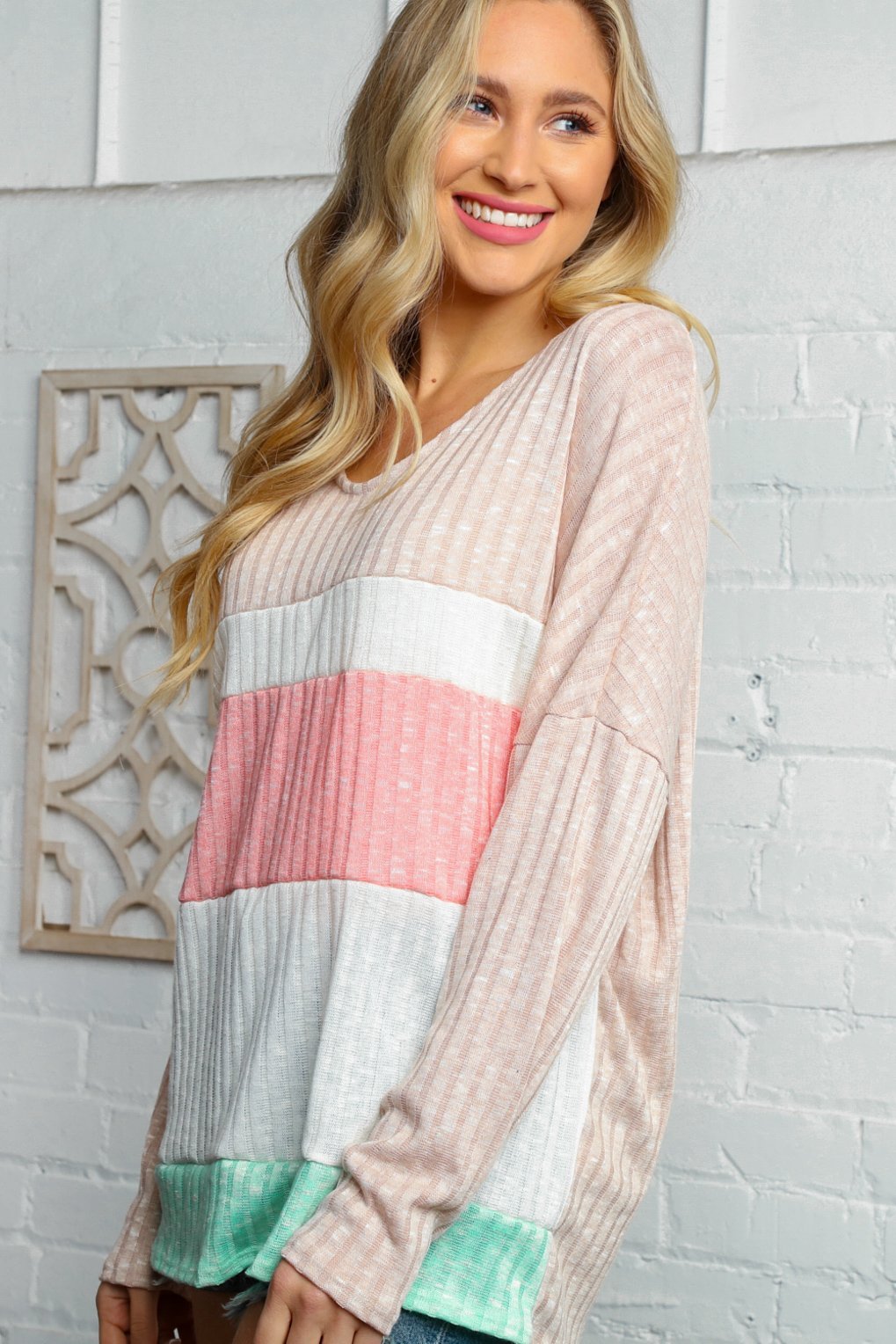 Beige Pink V Neck Hacci Color Block Ribbed Top