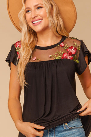 Embroidered Mesh Yoke Ruffle Sleeve Blouse
