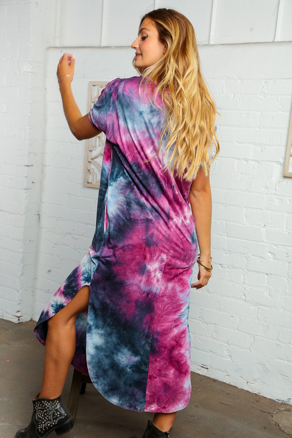 Tie Dye Maxi Dress with Slits and Pockets