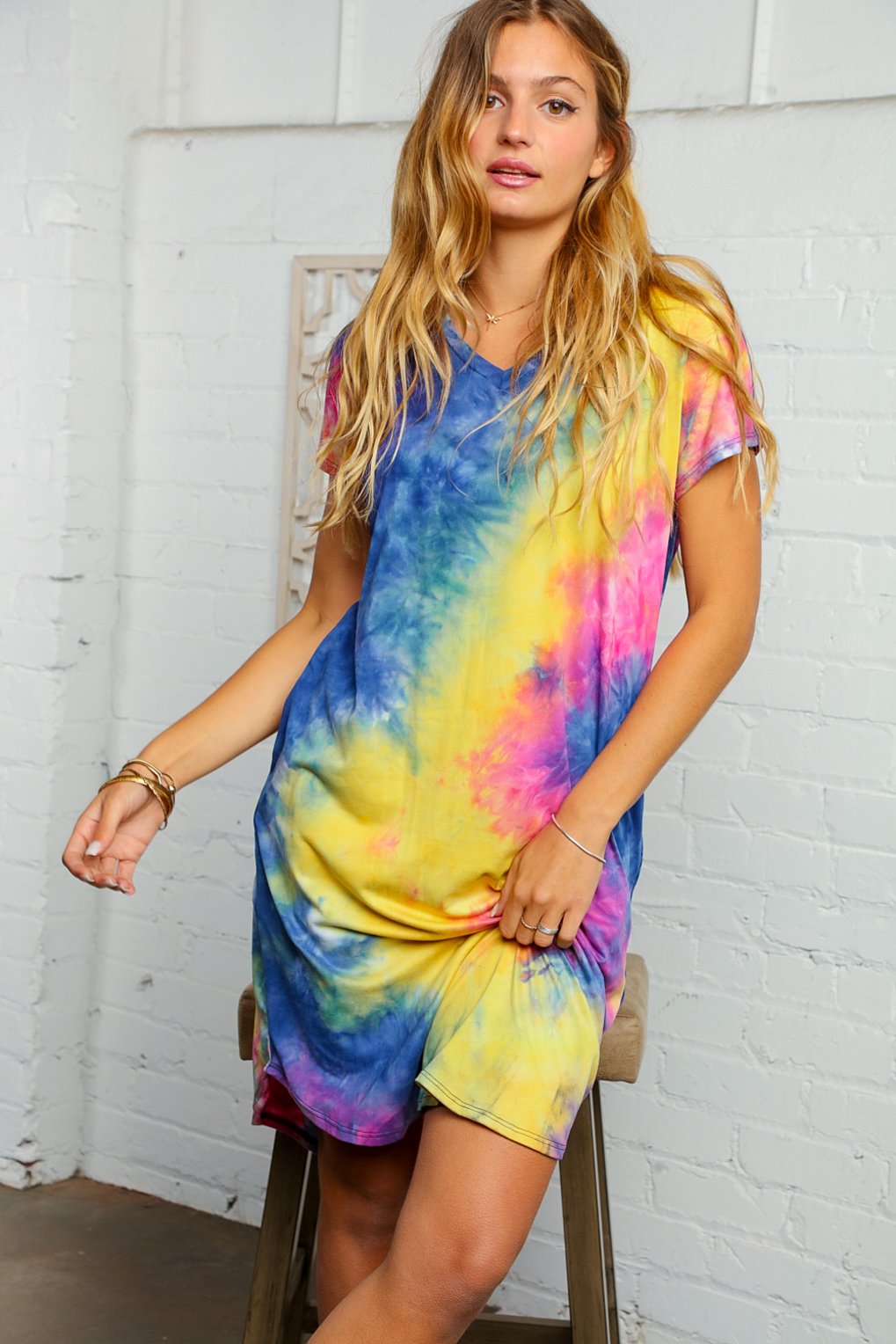Tie Dye V Neck Short Sleeve Midi Dress