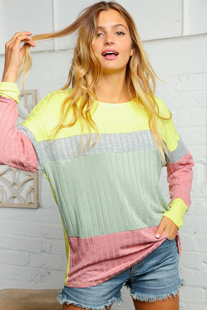Yellow and Sage Wide Rib Color Block Slouchy Top