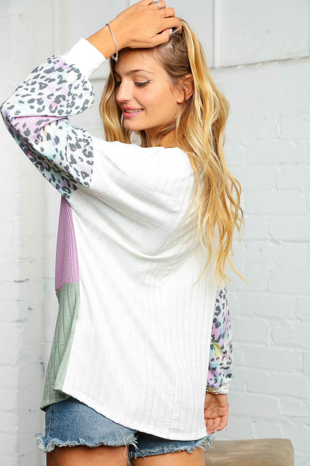 Waffle Thermal Leopard Print Bubble Sleeve Top