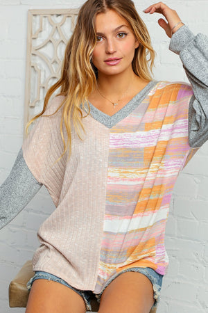 Taupe and Multi Stripe Slub Rib Color Block Top