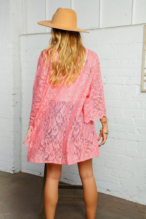 Peach Three Quarter Sleeve Cream Lace Kimono