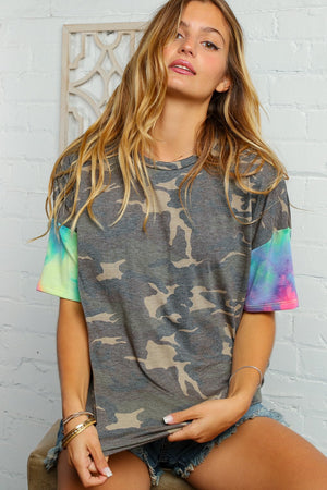 Tie Dye Camo Print Short Sleeve Knit Top