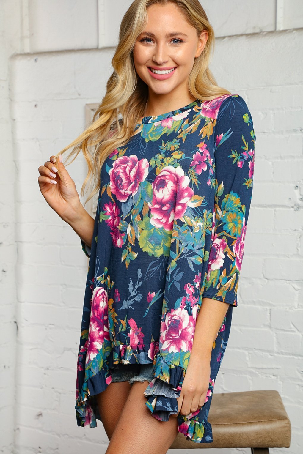 Ruffle Hem Floral Print Tunic Top