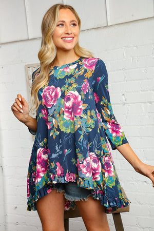 Ruffle Hem Floral Print Tunic Top