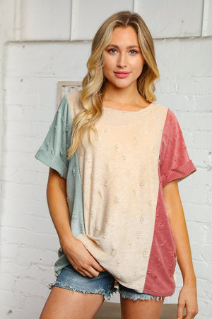 Multi Color Ripped Design Capped Sleeve Knit Top