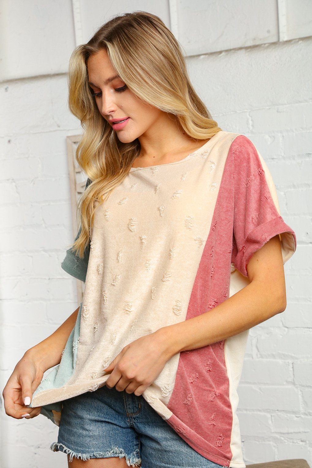 Multi Color Ripped Design Capped Sleeve Knit Top