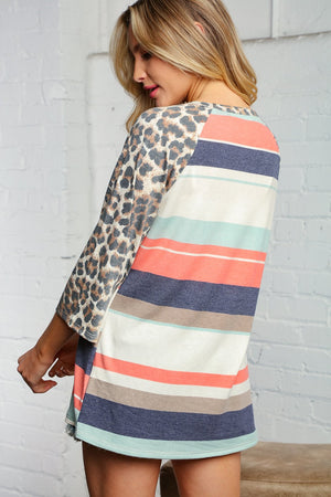 Multi Color Stripe Leopard Print French Terry Top