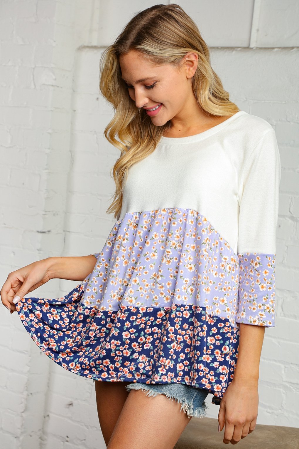 Cream and Lavender Floral Tiered Tunic