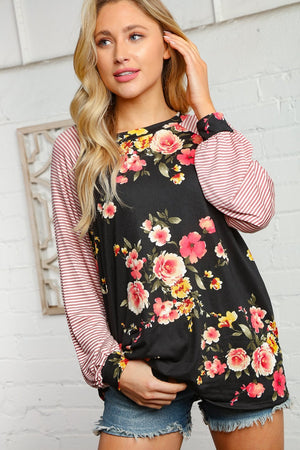Floral and Stripe Print Raglan Top
