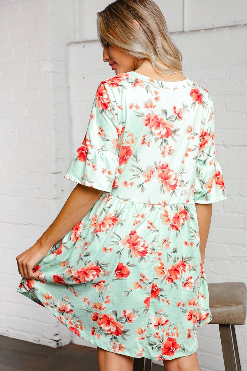 Mint Floral Bell Sleeve Swing Dress