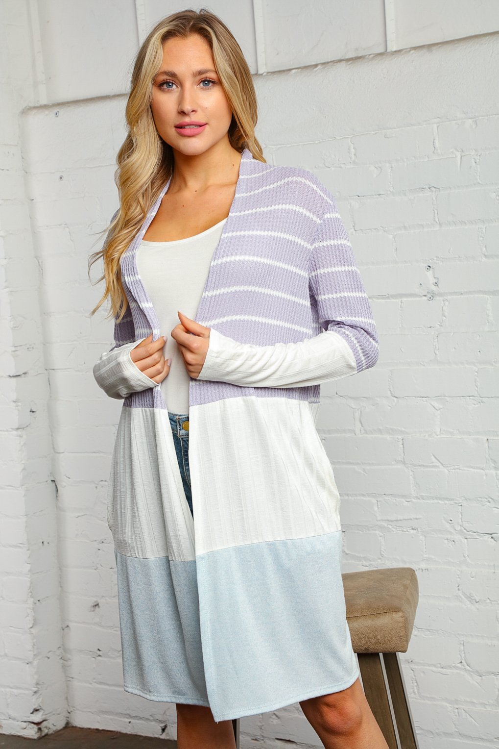 Lavender and Ivory Stripe Waffle Rib Color Block Cardigan