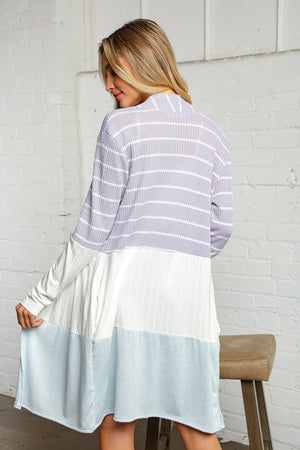 Lavender and Ivory Stripe Waffle Rib Color Block Cardigan