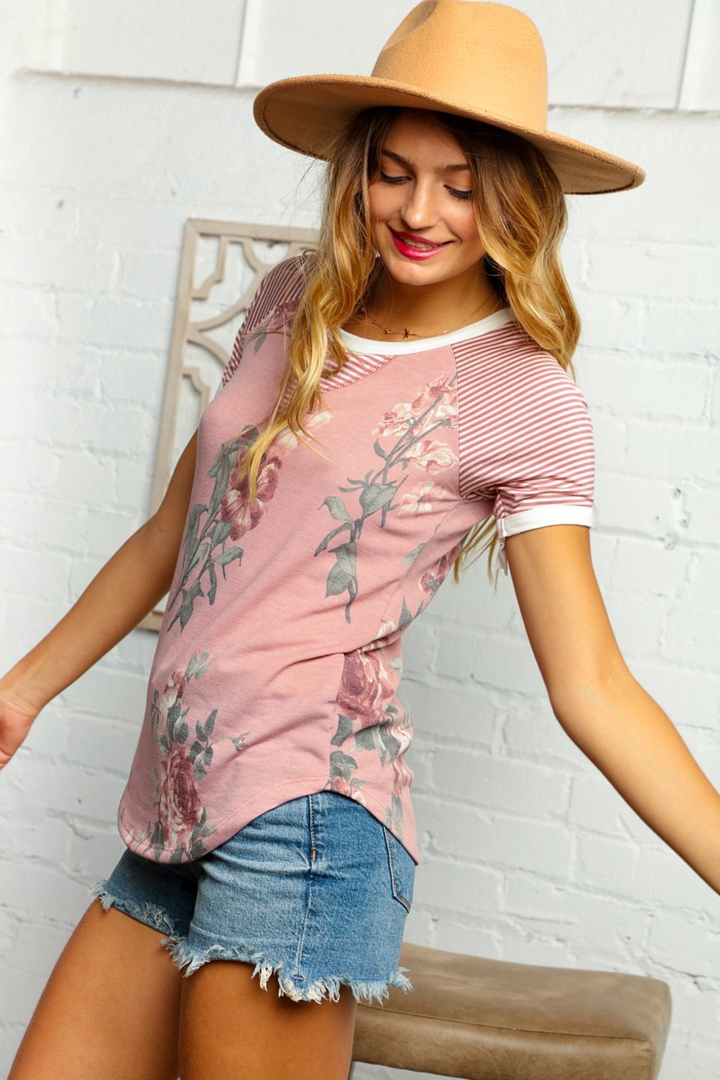 Dusty Rose Floral Stripe French Terry Raglan Top