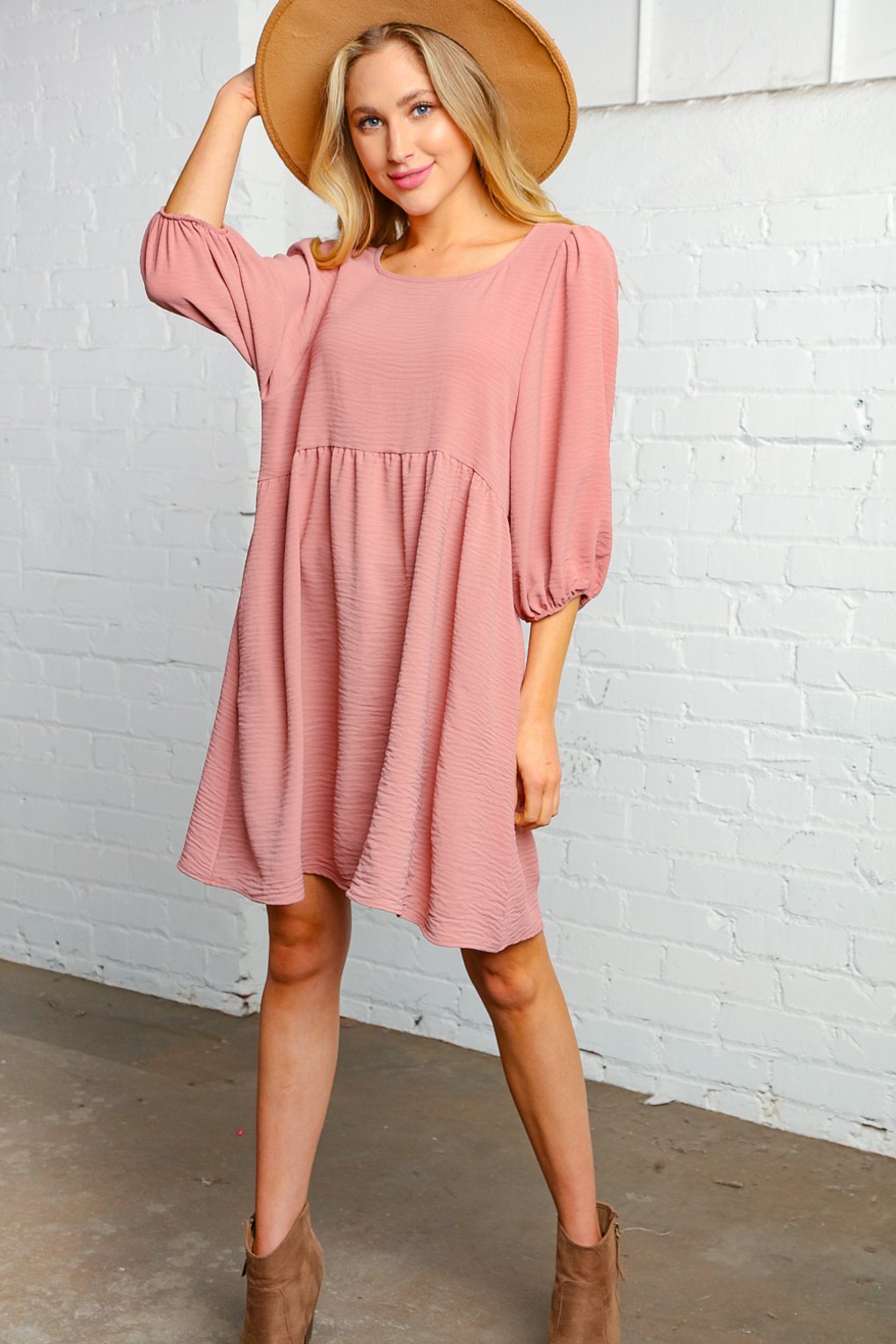 Mauve Washed Woven Bubble Sleeve Babydoll Dress
