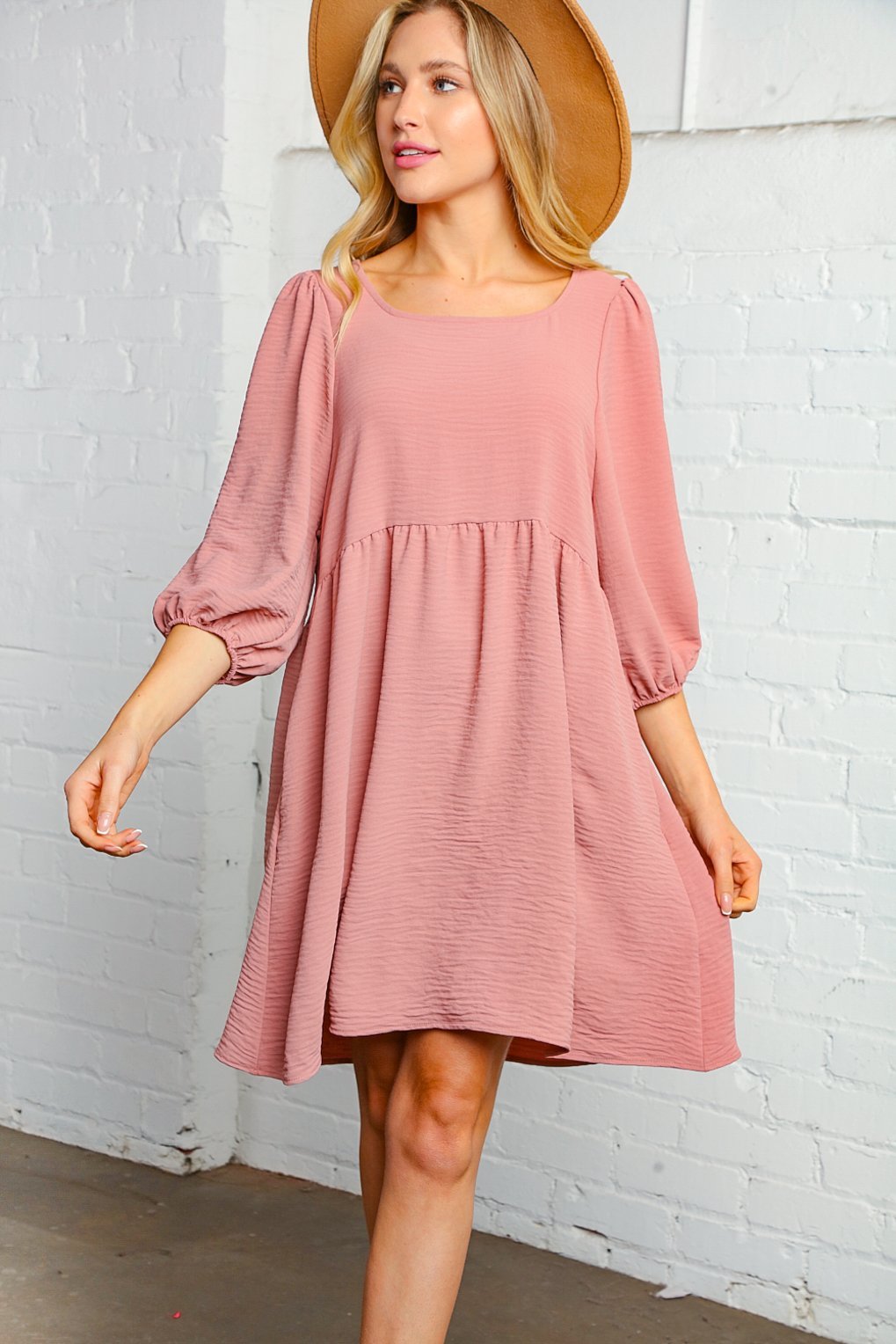 Mauve Washed Woven Bubble Sleeve Babydoll Dress