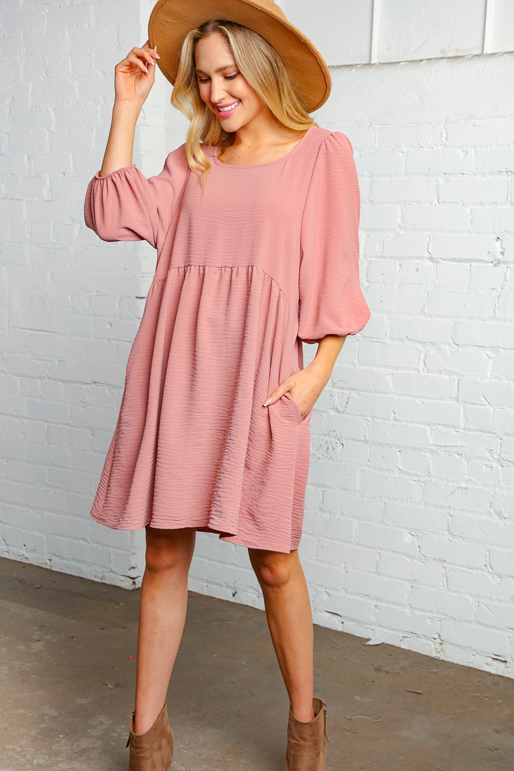 Mauve Washed Woven Bubble Sleeve Babydoll Dress