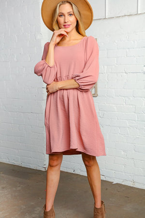 Mauve Washed Woven Bubble Sleeve Babydoll Dress
