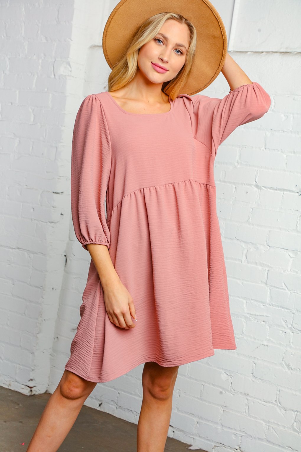 Mauve Washed Woven Bubble Sleeve Babydoll Dress