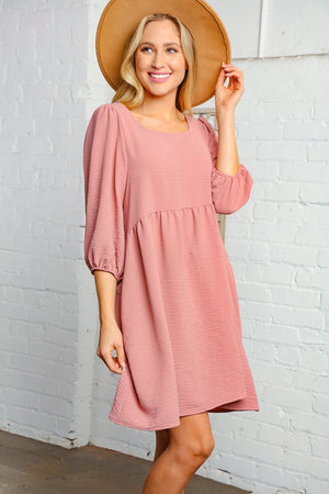Mauve Washed Woven Bubble Sleeve Babydoll Dress