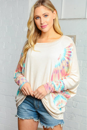 Two Tone Knit Tie Dye Color Block Dolman Slouchy Knit Top