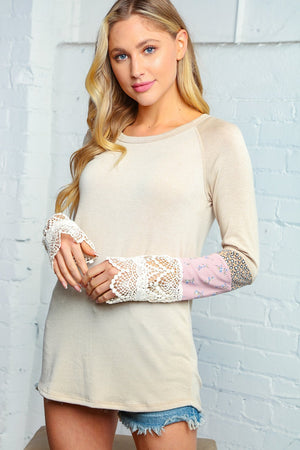 Taupe Colored Leopard Floral Print Lace Sleeve Top