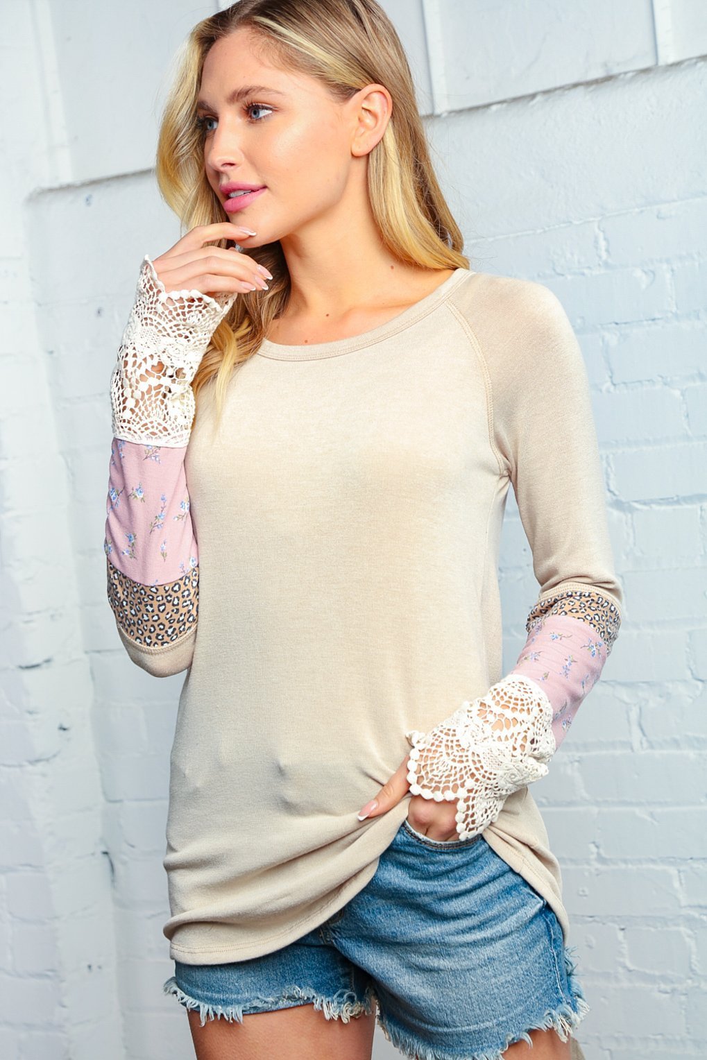 Taupe Colored Leopard Floral Print Lace Sleeve Top