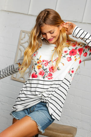 Floral Stripe Color Block Knot Hem Top
