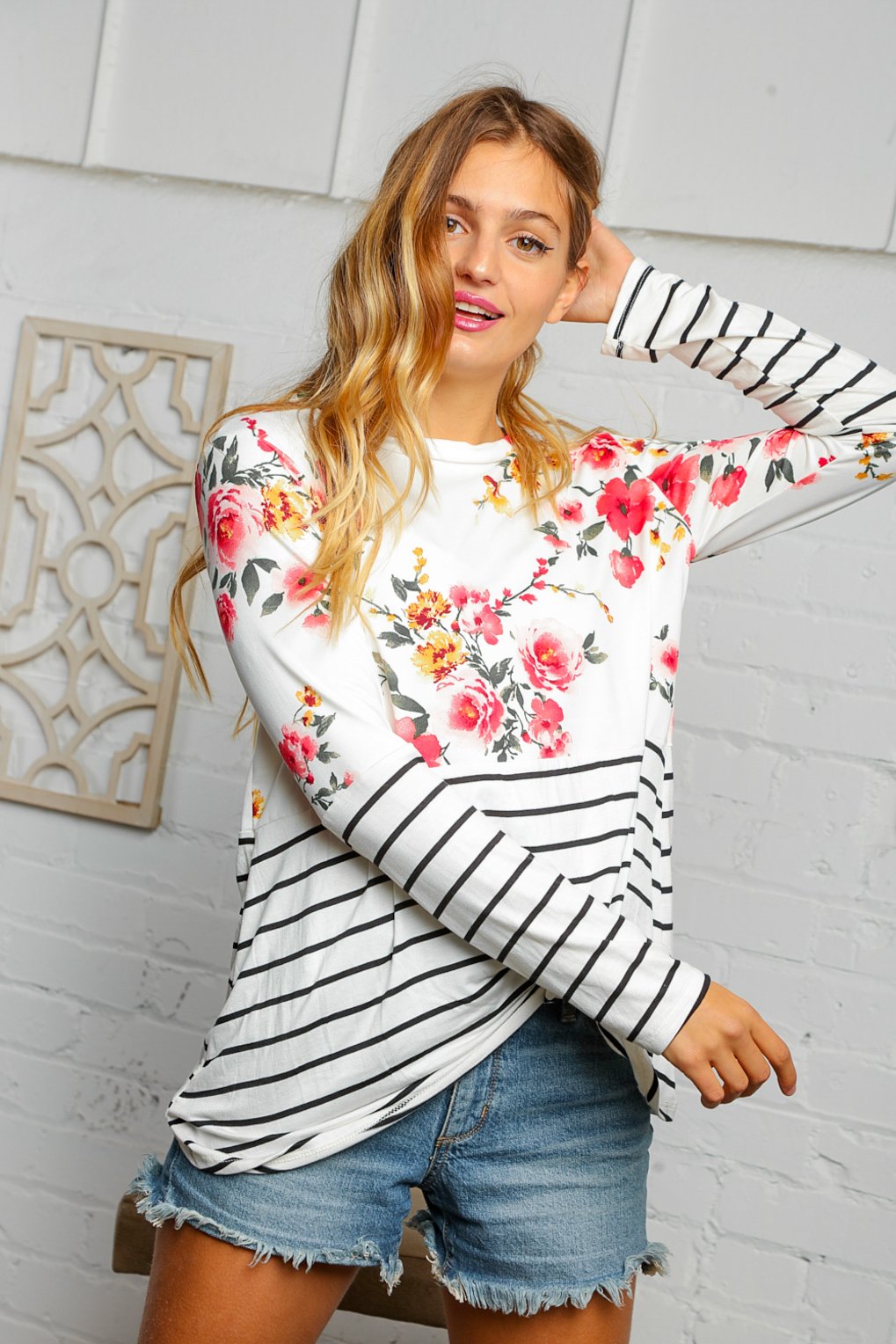 Floral Stripe Color Block Knot Hem Top